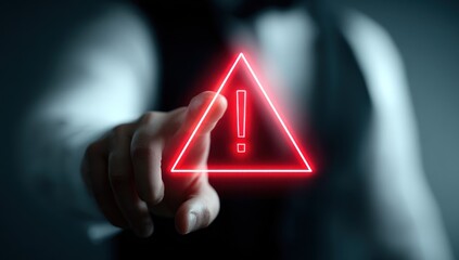 Hand pointing toward glowing red warning sign icon