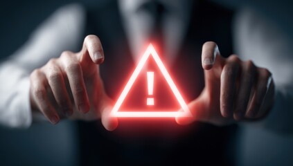 Businessman interacting with glowing red warning symbol interface