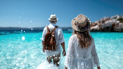 A couple wades through the sparkling turquoise water at a stunning beach, radiating joy and connection under the bright sunny sky with splashes around them.