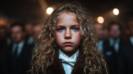 A striking portrait of a young girl wearing formal attire against a backdrop of adults in suits, highlighting her serious expression, confidence, and maturity beyond her years.