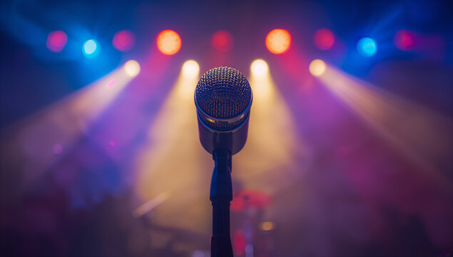 Microphone on stage with bright spotlight beams and colorful lighting, symbolizing live music and performances.