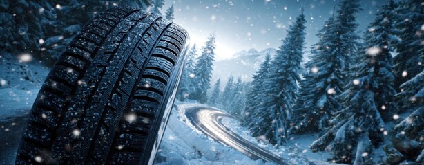 The winter tire on a winding snowy mountain road through frosted pine forest