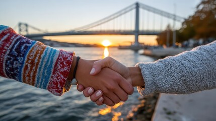 Two individuals shaking hands against a stunning sunset backdrop by a bridge, symbolizing unity, connection, and the beauty of relationships in life.