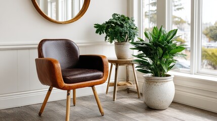 Fototapeta premium A beautifully decorated living room corner featuring a modern chair, a decorative mirror, and lush indoor plants that bring a refreshing and inviting atmosphere to the space.