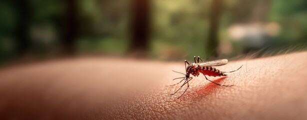 The Mosquito Landing on Human Skin in Warm Sunset Macro Close Up