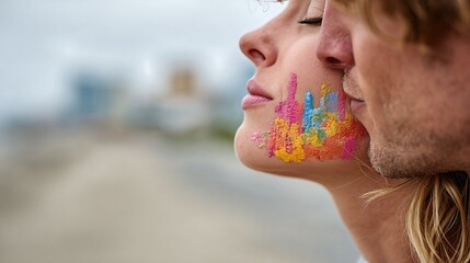 A couple's intimate moment is captured with colorful face paint, showcasing their creativity and connection against a blurred background of a vibrant outdoor setting.