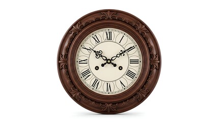 Ornate round brown clock with Roman numerals, black hands, and decorative wood frame
