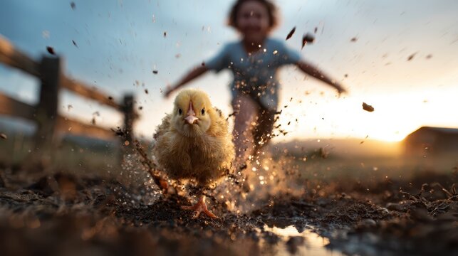 A lively chick splashes through puddles as a child joyfully chases it, capturing the essence of childhood play and the simple joys of life in nature's beautiful scenery.