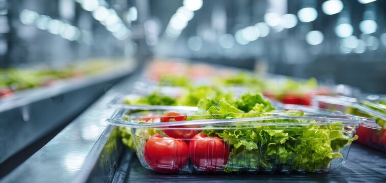 The packaged salad containers moving along a conveyor in a modern processing plant