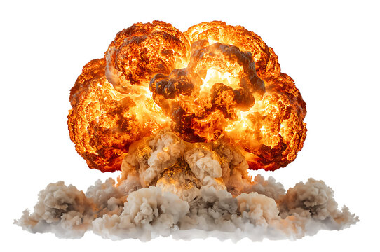 Big explosion fiery mushroom cloud blast isolated on transparent background