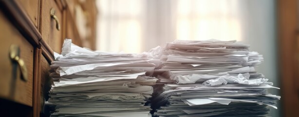 The Stacks of Papers and Documents Overflowing on a Wooden Office Cabinet