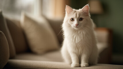 Fluffy white cat sits gracefully on a cozy sofa in soft natural light, conveying relaxed domestic comfort
