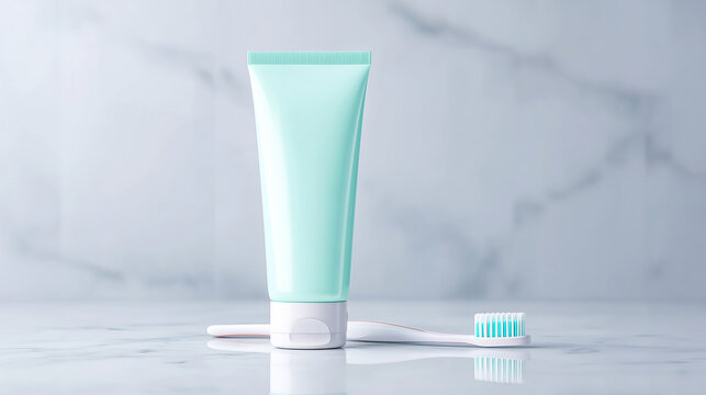 Mint toothpaste tube stands upright on a bright marble surface beside a toothbrush and stones, conveying fresh hygiene, daily care and a clean minimalist bathroom