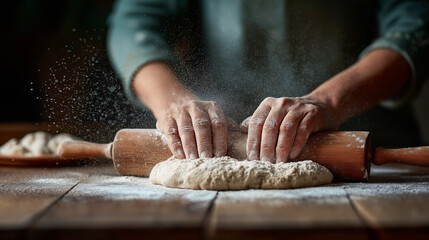 Hands press a rolling pin into a mound of dough on a floured wooden surface, with flour dust floating in the air