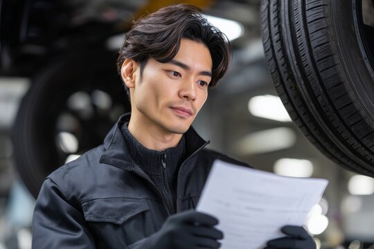 Automotive inspection process workshop document review indoor close-up quality control