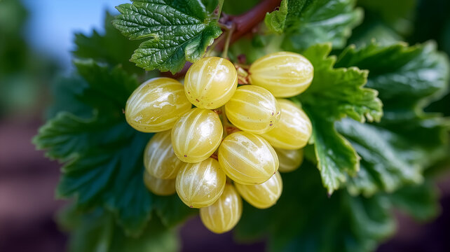 Cluster of ripe yellow gooseberries swaying gently among lush green leaves. Bright garden setting, warm sunlight shining down. Concept of fruit cultivation, healthy eating, organic farming - Powered by Adobe