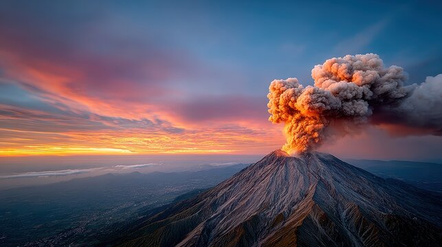 An awe-inspiring view of a volcano erupting with vibrant clouds of ash and smoke at sunset, illustrating the raw power of nature and its impact on the landscape.