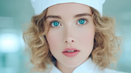 Young chef in professional uniform with bright blue eyes and curly hair