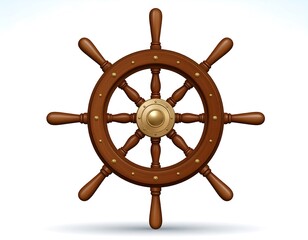 Wooden ship's wheel with brass center and accents, isolated against a white background