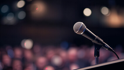 A crisp close up of a microphone on a podium with blurred lights, ideal for speech, conference, and seminars