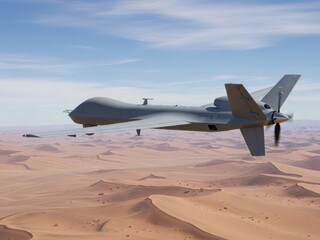 Military drone flying over the desert landscape on a sunny day