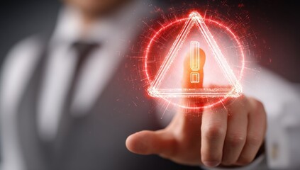 Businessman points at glowing red digital warning sign interface
