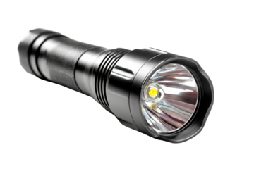 Silver L E D flashlight with bright yellow light beam on black background image, Isolated On Transparent Background, Png Cut Out