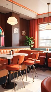 A retro diner scene. Vivid orange booths and chairs accompany a jukebox, lamps, and a window