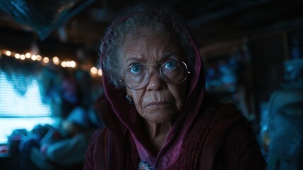 Fototapeta premium An elderly woman with glasses and an intense expression gazes forward, illuminated in a dim, atmospheric setting, evoking strength, resilience, and wisdom in her piercing gaze.