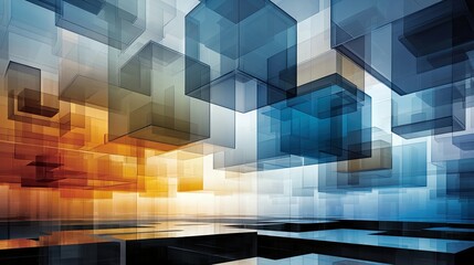 An abstract composition featuring transparent cubes floating in space with a gradient of orange and blue colors.