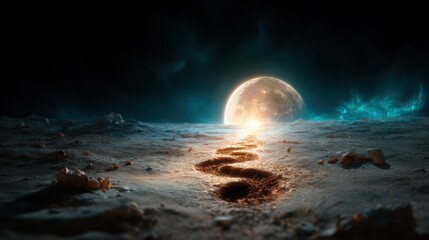 A captivating scene showcases a glowing moon illuminating an otherworldly terrain with a mysterious winding trail leading towards it, evoking feelings of wonder and exploration.