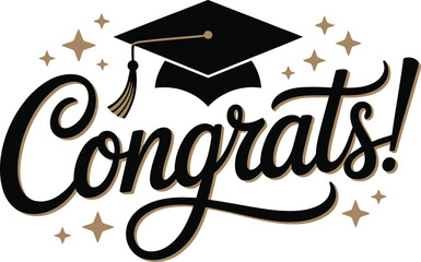 Elegant graduation cap vector with gold stars and cursive “Congrats!” text, perfect for festive academic celebration designs.