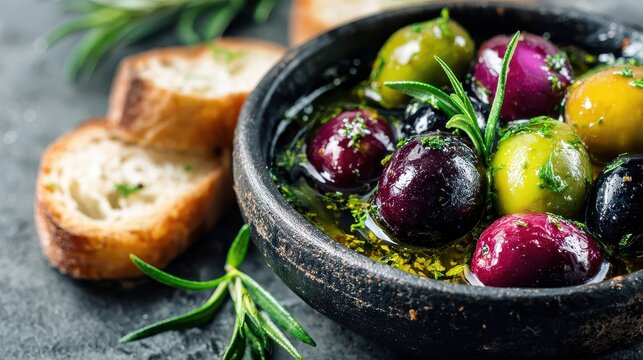 Bowl of colorful olives with herbs and bread on dark stone background. It can be used for menu, recipe, or gastronomy-related publication.