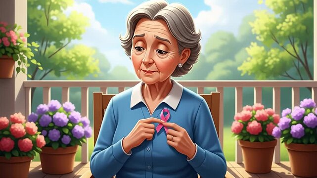Elderly woman with breast cancer awareness ribbon on porch.