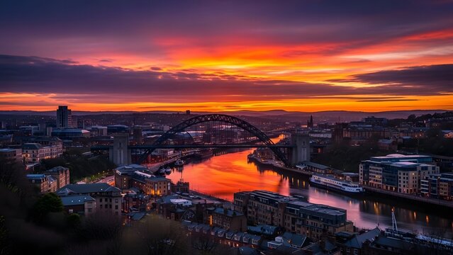 Sunset view of Tyne Bridge over River Tyne with vibrant sky reflections and surrounding cityscape