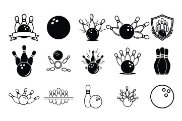 Black and White Bowling Icons Set – Bowling Balls, Pins, Strikes, Frames, and Sports Symbols Collection