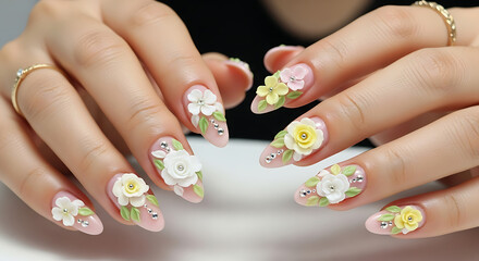 A stunning close-up of an elegant manicure featuring handcrafted 3D acrylic flowers in soft pastel colors, showcasing detailed and delicate nail artistry