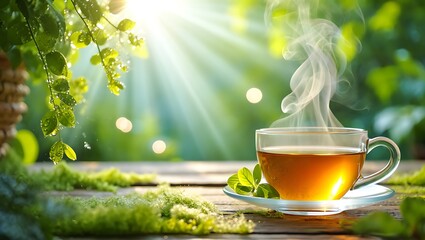 Aromatic herbal tea in glass cup with green foliage background