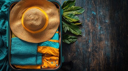 Packed suitcase with summer clothes and hat. (1)