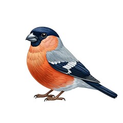 Vector image with a bullfinch bird drawn in the embroidery technique on a white background.