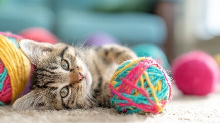 Happy kitten playing with colorful yarn balls in a cozy indoor setting