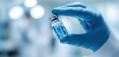 The vial of blue vaccine held by a gloved hand in clinical laboratory