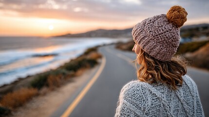 A young woman wearing a stylish hat stands on a scenic coastal road, watching a breathtaking sunset over the ocean, capturing a moment of reflection and tranquility.