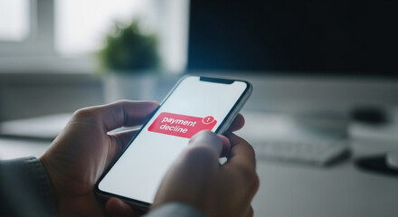 Upset customer sees payment decline message on their mobile phone, reflecting financial issues and potential fraud concerns, impacting online transactions