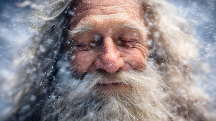 A close-up of a happy Moses laughing in the snow, an elderly biblical man with a frozen beard, a cheerful winter portrait, a religious figure enjoying a blizzard, a detailed face.