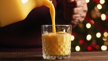 Pouring creamy eggnog into a glass with a christmas tree in the background creating a festive holiday atmosphere perfect for seasonal celebrations and cozy winter gatherings