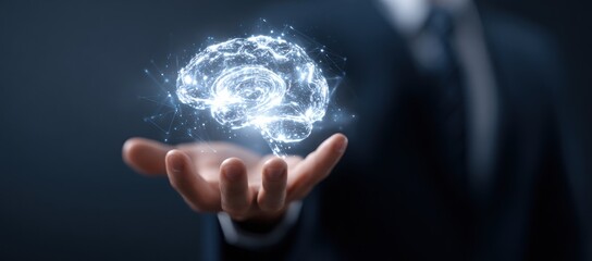 Businessman holding glowing holographic brain over dark background