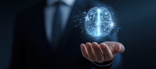 Businessman holding glowing digital brain concept over dark background.
