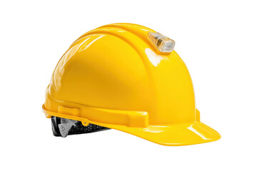 Fototapeta premium Yellow hard hat with integrated L E D light on black background hardhat helmet, Isolated On Transparent Background, Png Cut Out