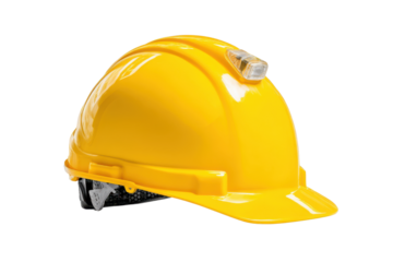 Yellow hard hat with integrated L E D light on black background hardhat helmet, Isolated On Transparent Background, Png Cut Out